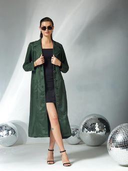 Miss Chase - Dark Green Solid V Neck Full Sleeves Patched Pocketed Overcoat