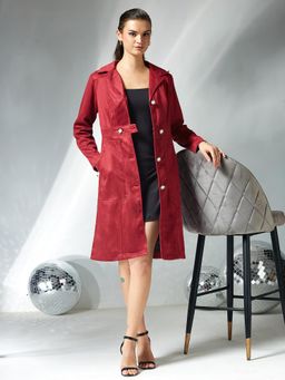 Miss Chase - Dark Red Solid Shirt Collar Full Sleeves Patched Pocketed Overcoat