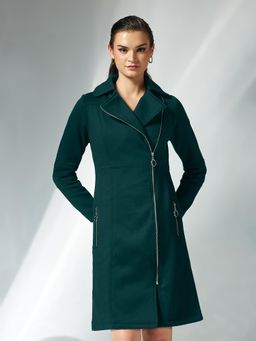 Miss Chase - Dark Green Notch Collar Multi Panelled Full Sleeve Overcoat