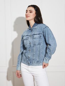 Miss Chase - Light Blue Collared Full Sleeve Regular Length Denim Jacket