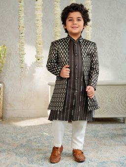 AJ Dezines - Green Floral Kurta with Sherwani Jacket and Pyjama