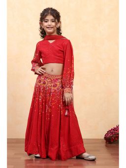 Biba - Red Floral Blouse with Lehenga and Dupatta