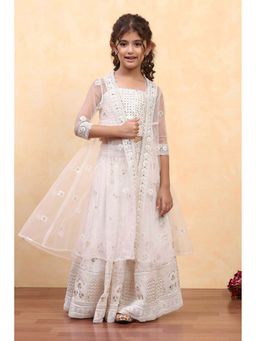Biba - White Embroidered Blouse with Jacket and Lehenga