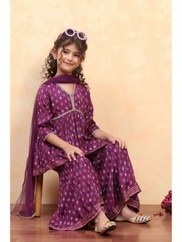 Biba - Purple Printed Kurta with Sharara and Dupatta