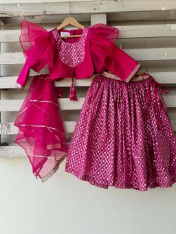 The Little Tales - Pink Printed Blouse with Lehenga and Dupatta