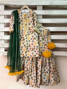 The Little Tales - Yellow Printed Kurta with Sharara and Dupatta