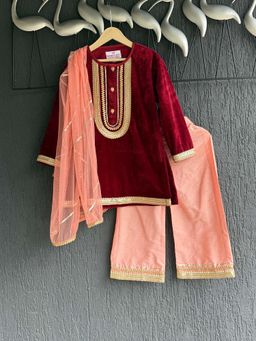 THE WISHING CLOSET - Maroon Solid Kurta with Palazzo and Dupatta