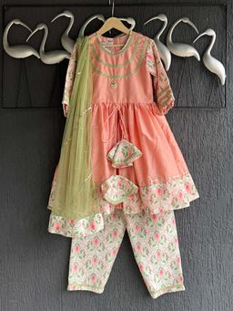 THE WISHING CLOSET - Peach Printed Anarkali Kurta with Pant and Dupatta