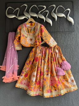 THE WISHING CLOSET - Orange Floral Blouse with Lehenga and Dupatta