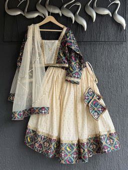 THE WISHING CLOSET - Beige Printed Blouse with Lehenga and Dupatta