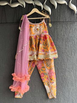 THE WISHING CLOSET - Orange Floral Kurta with Dhoti and Dupatta