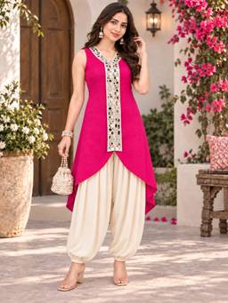 AAREIN - Pink Asymmetric Mirror Detail Kurta and Patiala