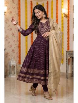 Aurelia - Purple Gold Printed Chanderi Flared Kurta with Legging and Dupatta