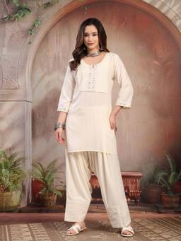 Clora Creation - Cream Embroidered Kurta and Farshi Salwar