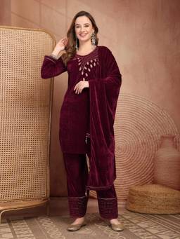 Clora Creation - Wine Embroidered Kurta and Farshi Salwar with Dupatta