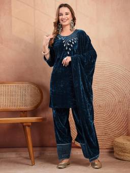 Clora Creation - Teal Embroidered Kurta and Farshi Salwar with Dupatta