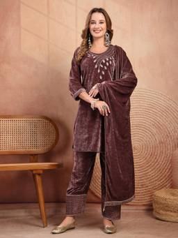 Clora Creation - Mauve Embroidered Kurta and Farshi Salwar with Dupatta