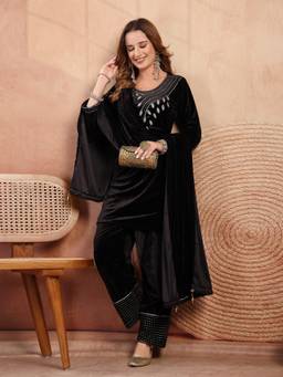 Clora Creation - Black Embroidered Kurta and Farshi Salwar with Dupatta