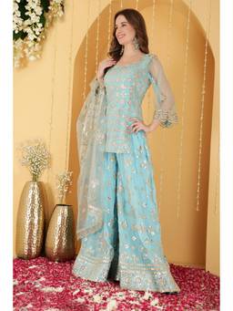 MILU MADAN - Sky Blue Embellished Kurti and Sharara with Dupatta