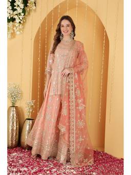 MILU MADAN - Peach Embellished Kurti and Sharara with Dupatta