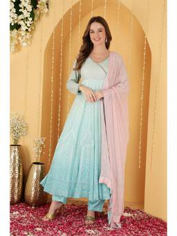 MILU MADAN - Sea Green Thread Work Anarkali Kurta and Pant with Dupatta