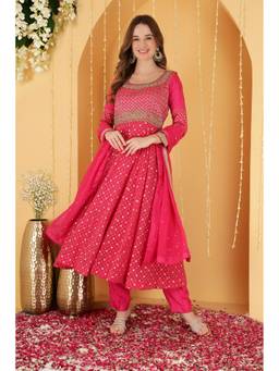 MILU MADAN - Hot Pink Thread Work Anarkali Kurta and Pant with Dupatta
