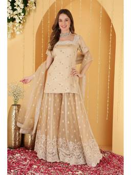 MILU MADAN - Beige Embellished Kurti and Sharara with Dupatta