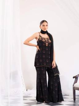 LABEL SHRYESI - Night Garden Black Kurta And Sharara With Dupatta