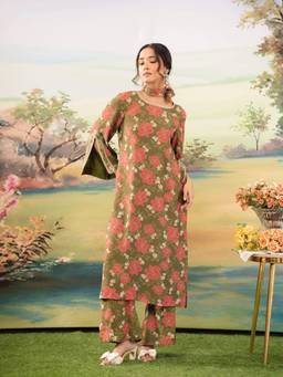 LABEL SHRYESI - Olive Blossom Olive Kurta With Scarf And Palazzo