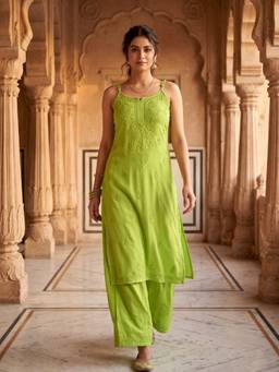 Khaka-The Chikankari Heritage - Green Rayon Chikankari Kurta and Palazzo