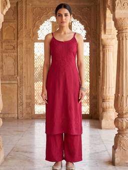 Khaka-The Chikankari Heritage - Maroon Rayon Chikankari Kurta and Palazzo