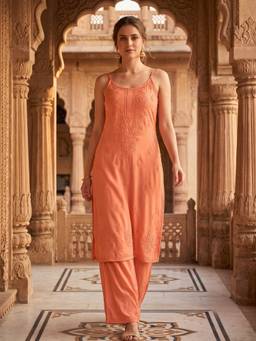 Khaka-The Chikankari Heritage - Peach Rayon Chikankari Kurta and Palazzo