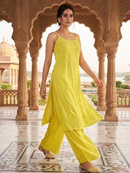 Khaka-The Chikankari Heritage - Yellow Rayon Chikankari Kurta and Palazzo