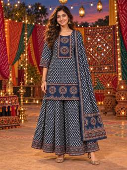 BERRYLICIOUS - Navy Blue Printed Kurta and Sharara with Dupatta