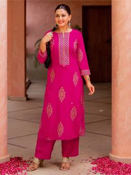 ARAMYA - Pink Floral Foil Print Kurta and Palazzo