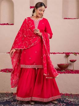 ARAMYA - Red Embroidered Kurta and Sharara with Dupatta
