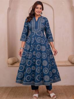 ARAMYA - Blue Printed Anarkali Kurta and Pant