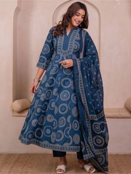 ARAMYA - Blue Printed Anarkali Kurta and Pant with Dupatta