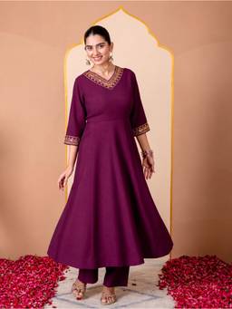 ARAMYA - Purple Embroidered Anarkali Kurta and Pant