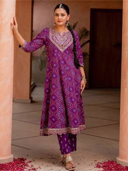 ARAMYA - Purple Embroidered Anarkali Kurta and Palazzo