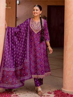 ARAMYA - Purple Embroidered Anarkali Kurta and Palazzo with Dupatta