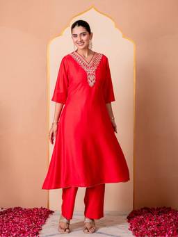 ARAMYA - Red Embroidered Anarkali Kurta and Palazzo