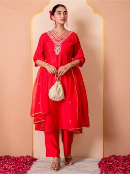 ARAMYA - Red Embroidered Anarkali Kurta and Palazzo with Dupatta