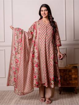 ARAMYA - Beige Floral Anarkali Kurta and Pant with Dupatta