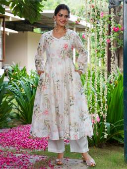 ARAMYA - White Floral Anarkali Kurta and Palazzo