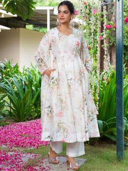 ARAMYA - White Floral Anarkali Kurta and Palazzo with Dupatta