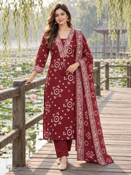 BERRYLICIOUS - Maroon Bandhani Printed Kurta and Pant with Dupatta