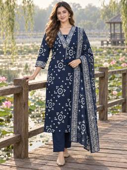 BERRYLICIOUS - Navy Blue Bandhani Printed Kurta and Pant with Dupatta