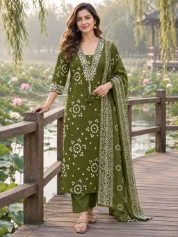BERRYLICIOUS - Olive Bandhani Printed Kurta and Pant with Dupatta