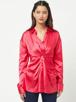 Attic Salt - Red Solid Satin Soft Ruched Shirt